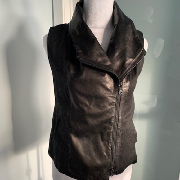 Vince Black Leather & Linen Asymmetric Moto Biker Vest - Picture 2 of 4